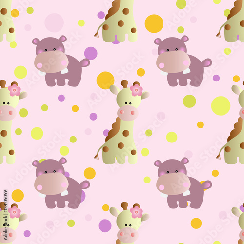 seamless pattern with cartoon cute toy baby behemoth, giraffe and Circles on a light pink background