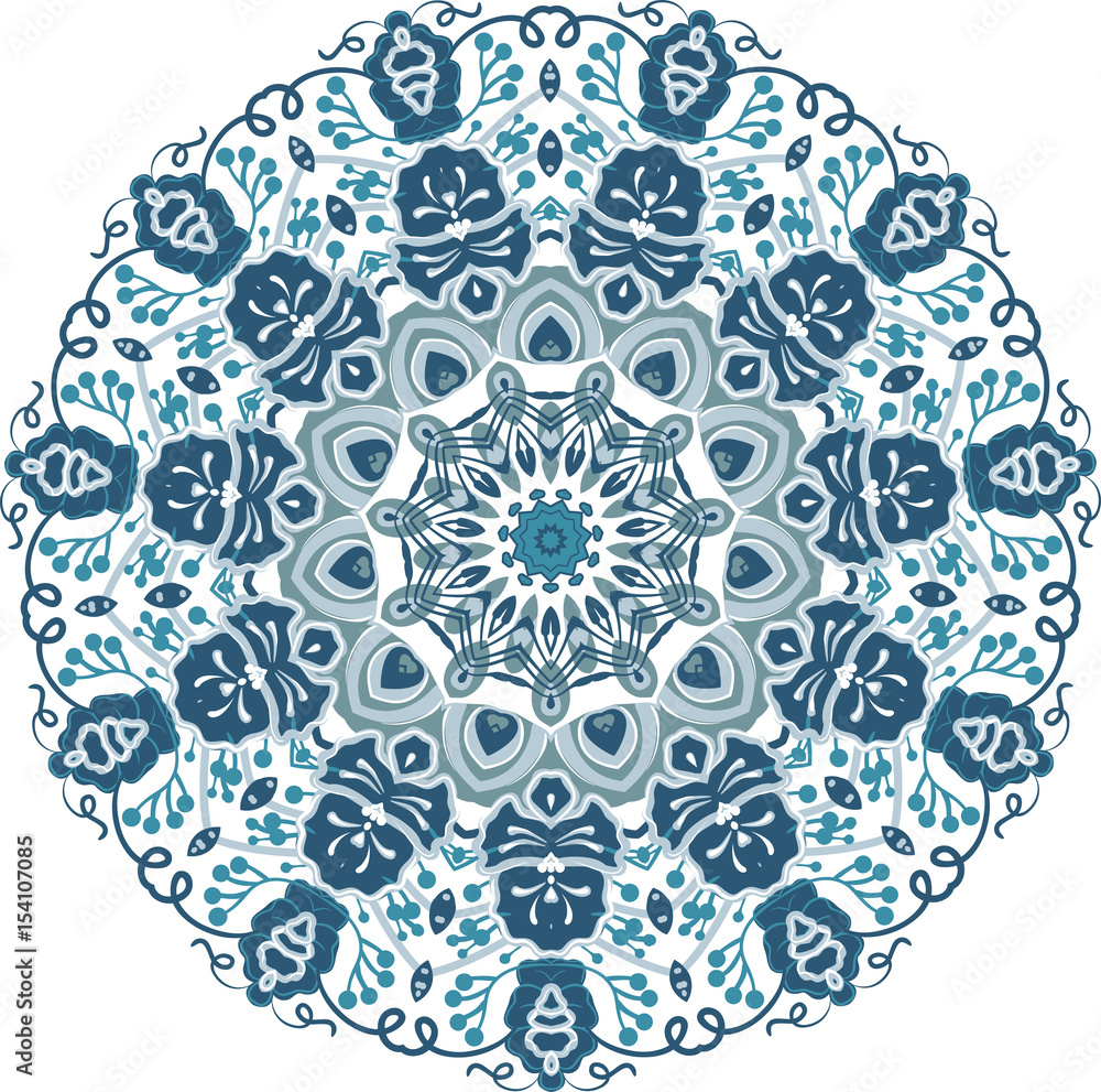 Drawing of a floral mandala in blue colors on a white background. Hand drawn tribal vector stock illustration
