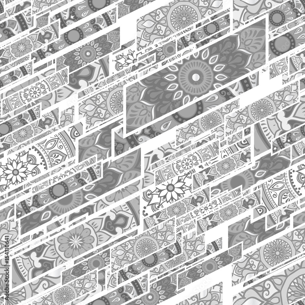Fototapeta premium Colorful floral seamless pattern from beveled rectangles with mandala in patchwork boho chic style, in portuguese and moroccan motif