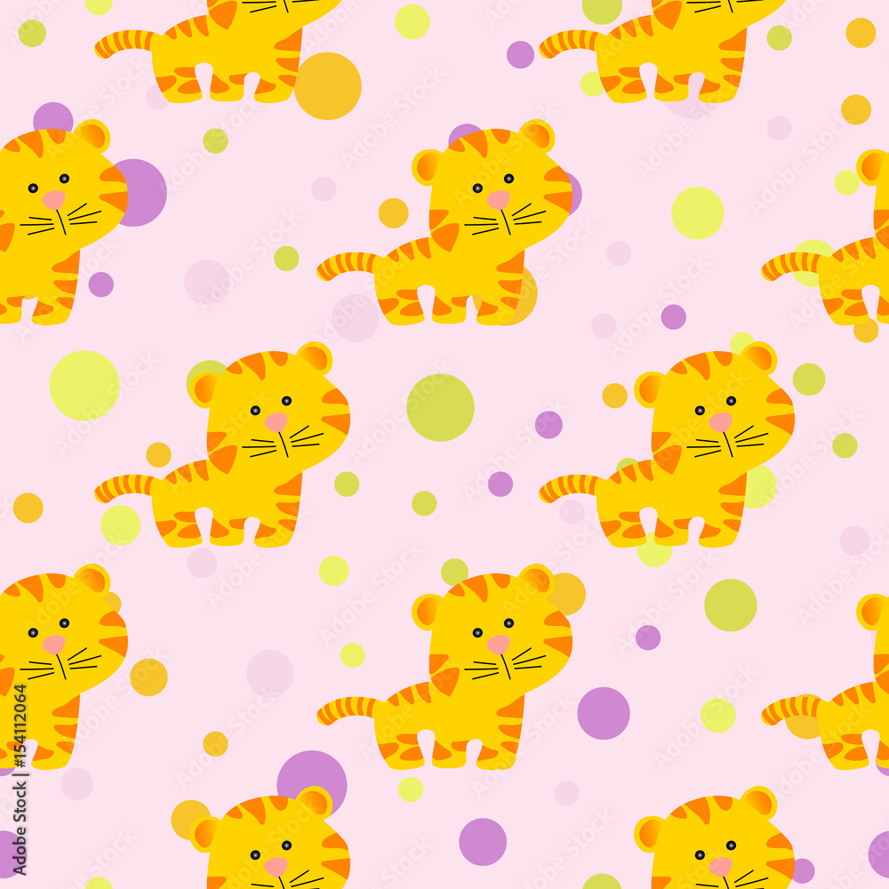 Fototapeta premium Drawing of a seamless pattern with cute african tiger in cartoon style and multicolored circles on a light pink background