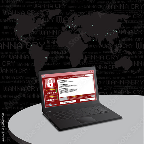 malware attack. ransom malware name is wanna cry,  cyber virus attack the world, vector illustration.