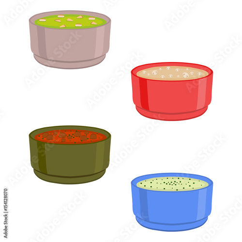 Vector illustration of logo for the ceramic bowl wide plate is filled with various homemade soups with noodles mushrooms vegetables.Soup set of four bowls plates with seasoning beetroot borsch borscht
