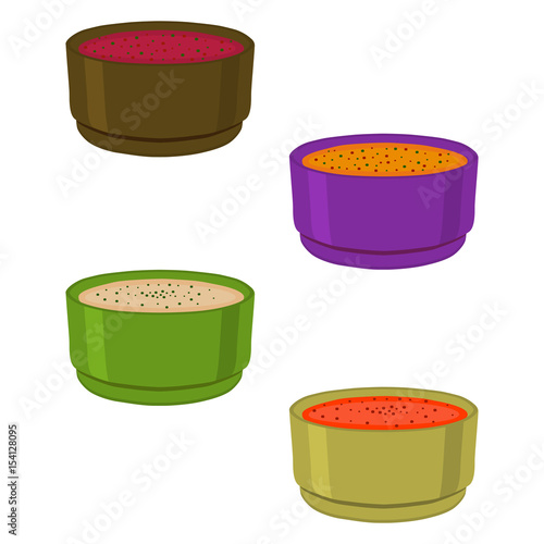 Vector illustration of logo for the ceramic bowl wide plate is filled with various homemade soups with noodles mushrooms vegetables.Soup set of four bowls plates with seasoning beetroot borsch borscht