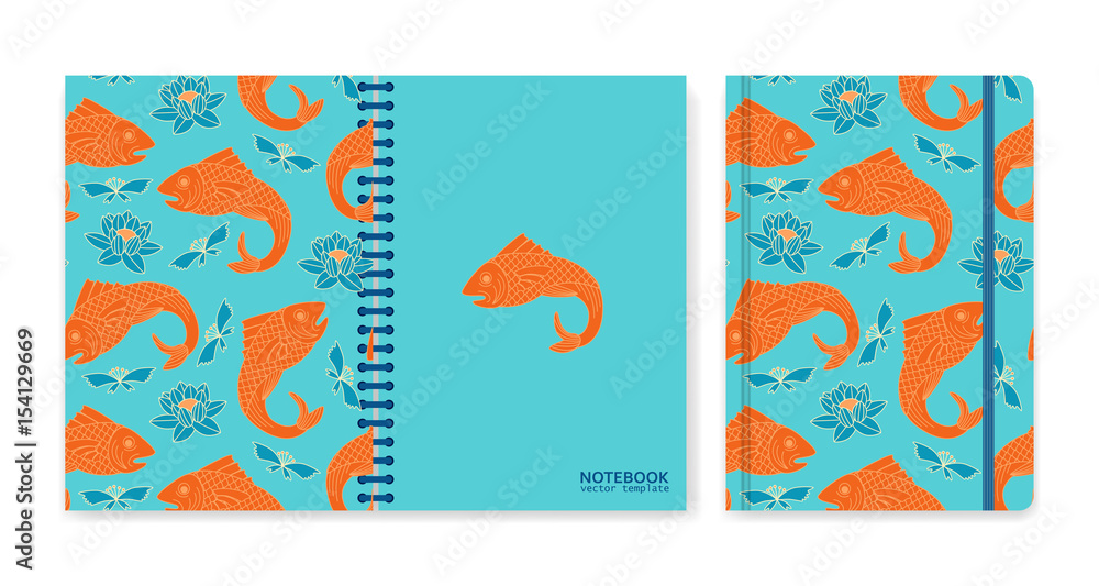 Cover design for notebooks or scrapbooks with fishes and lotus. Vector illustration.