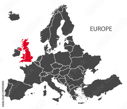 Europe with countries Map dark grey including highlighted Britain in red (BREXIT)