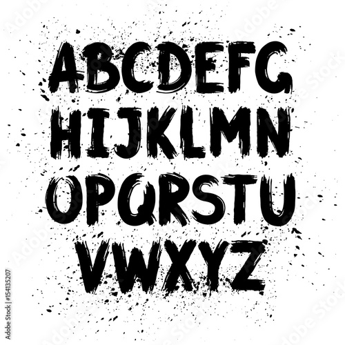 Hand written calligraphy alphabet, black ink brush lettering, abc latin alphabet, grunge font style with ink splashes. Vector