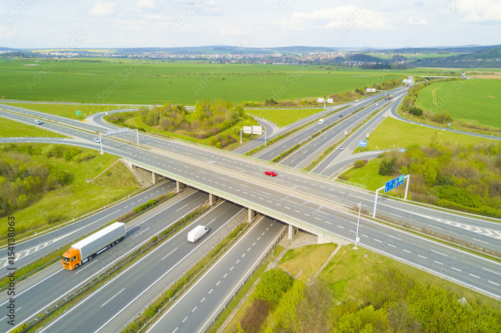 Aerial view of highway crossroad junction. D5 highway in west Bohemia, Czech republic, European union.