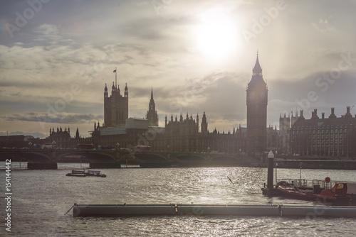 Houses of Parliament and Big Ben against sunlight