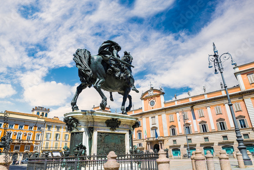 Piacenza, medieval town, Italy. Piazza Cavalli (Square horses), monument at Alessandro Farnese (XVII century), in the background the palazzo del Governatore (Governor's palace) in the city center 