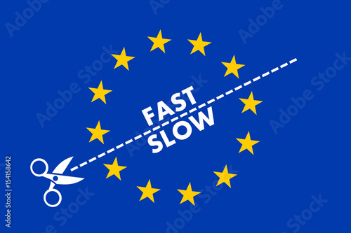 Two-speed EU. Scissors split European Union into slow and fast members and countries. Multi-speed of integration, collaboration, shared policy. Disintegration and breakup of united Europe
