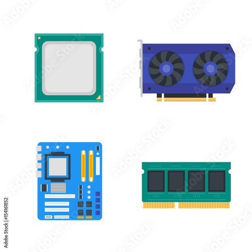 computer components icons, motherboard, memory, video card, CPU, vector illustration