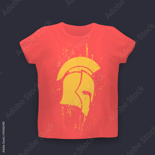 grunge spartan helmet in profile, vector t-shirt print on mockup