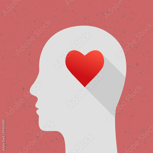 Love concept with human head and heart shape. Flat design with long shadow.
