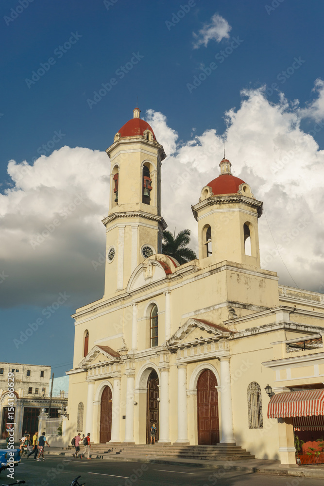 Cienfuegos, Cuba – January 1, 2017: Church street view in central park