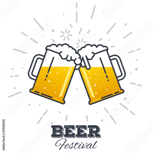 Two gig glasses with fresh yellow live beer and white foam, and bubbles. Line style flat vector illustration. Beer festival concept. Lager sort. Clinking beer glasses.