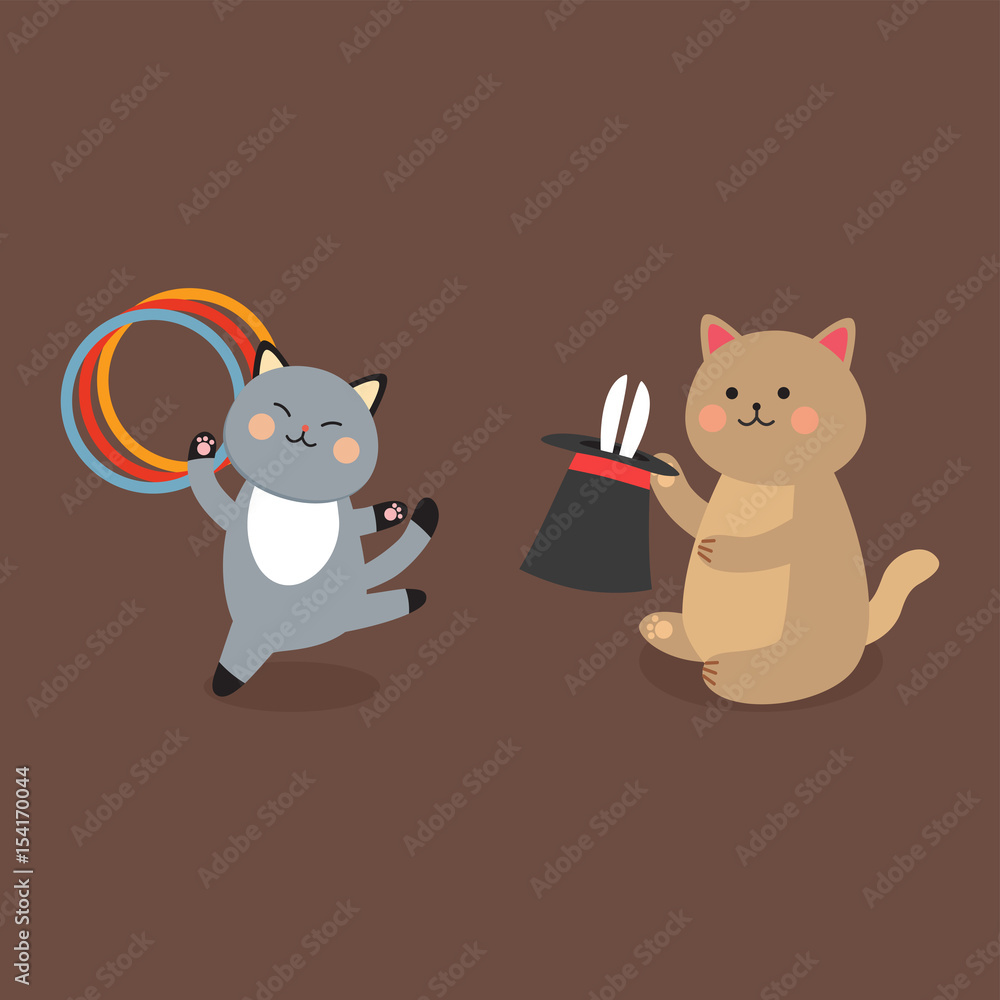 Circus cats vector cheerful illustration for kids with little domestic cartoon animals playing mammal Circus cats vector cheerful illustration for kids with little domestic cartoon animals playing mammal