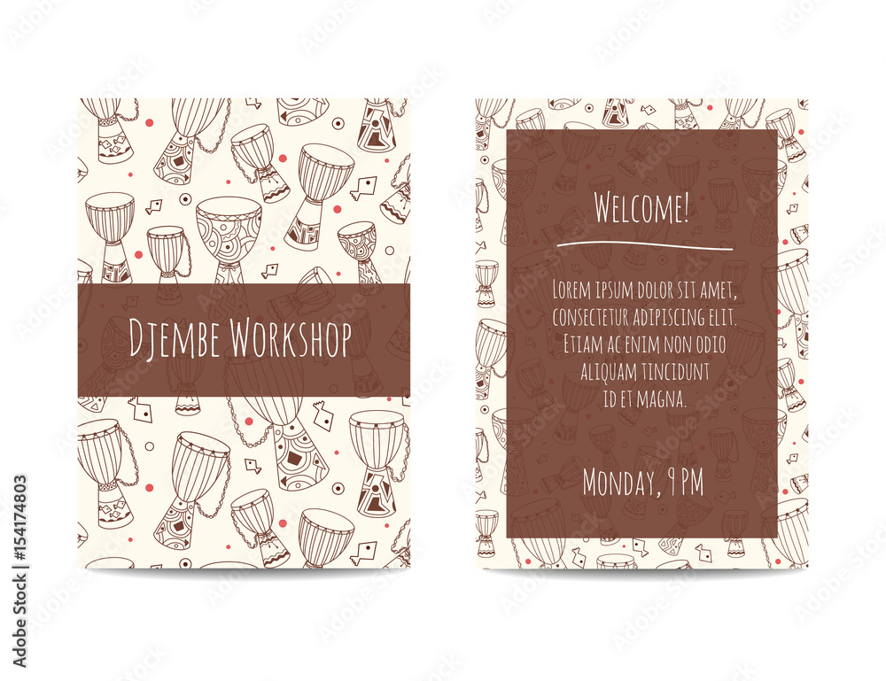 African drums banner with zulu ornament. Djembe pattern. Sketchy flyer design decorated with