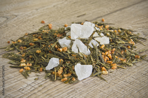 Green tea genmaicha with crystalline sugar photo