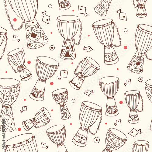 Hand drawn african drums djembe. Ethnic seamless pattern. Vector sketchy texture. Tillable african background with drums for fabric, textile design, wrapping paper or wallpaper.