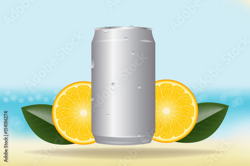 vector aluminum cans in drops of water on the beach background. round orange slices and leaves. chilled drink. mockup