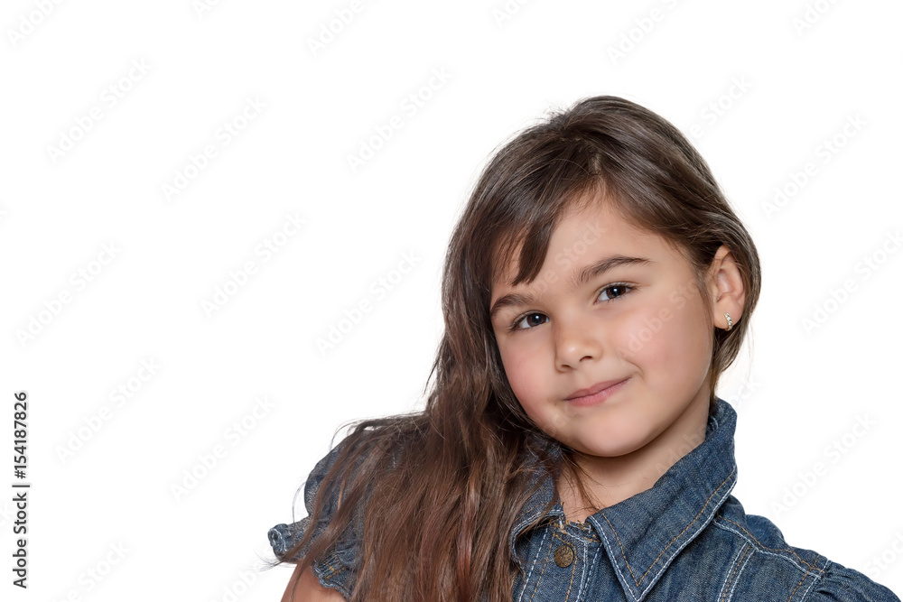 Portrait of cool brunette long haired little girl isolated on the white background. Portrait of cool brunette long haired little girl isolated on the white background.