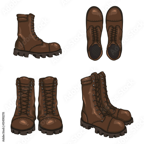 Set of Vector Cartoon Army Boots. High Military Shoes.