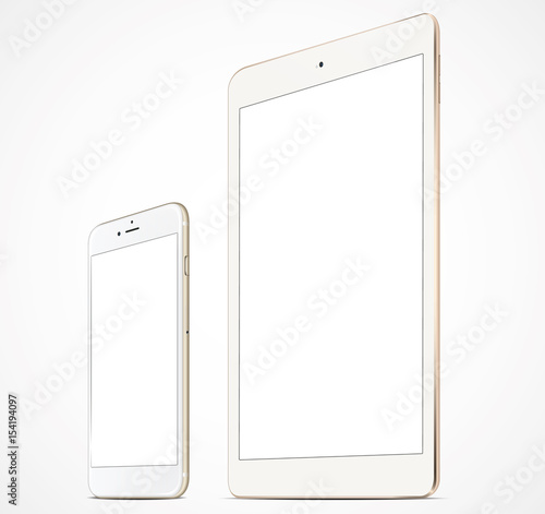 Gold smartphone and tablet with a blank screen on a light background