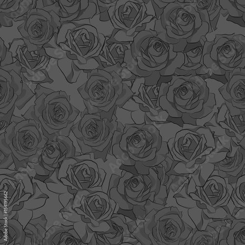 Beautiful black, gray and white rose flower, seamless pattern. Botanical hand drawn silhouette. Flat stylization color