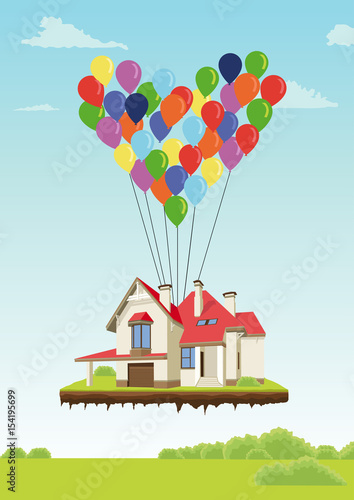 House with multicolored balloons in form of heart flying in sky over ground