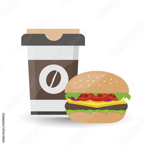 Hamburger with Meat and Iced Coffee on White Background