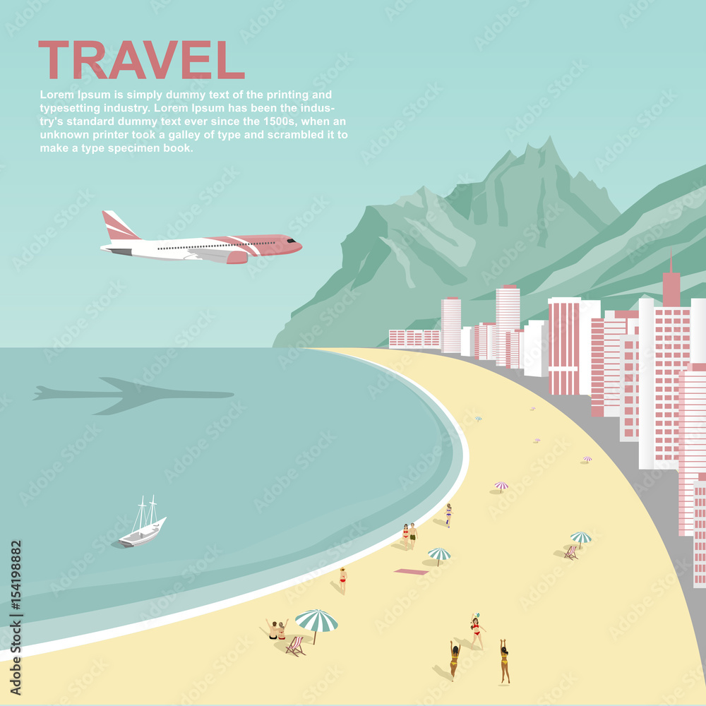 Airplane flying over Copacabana beach in Rio de Janeiro Airplane flying over Copacabana beach in Rio de Janeiro