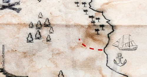 Fly above old retro and vintage pirate (home made and fake, not real) map with red path to Treasure chest