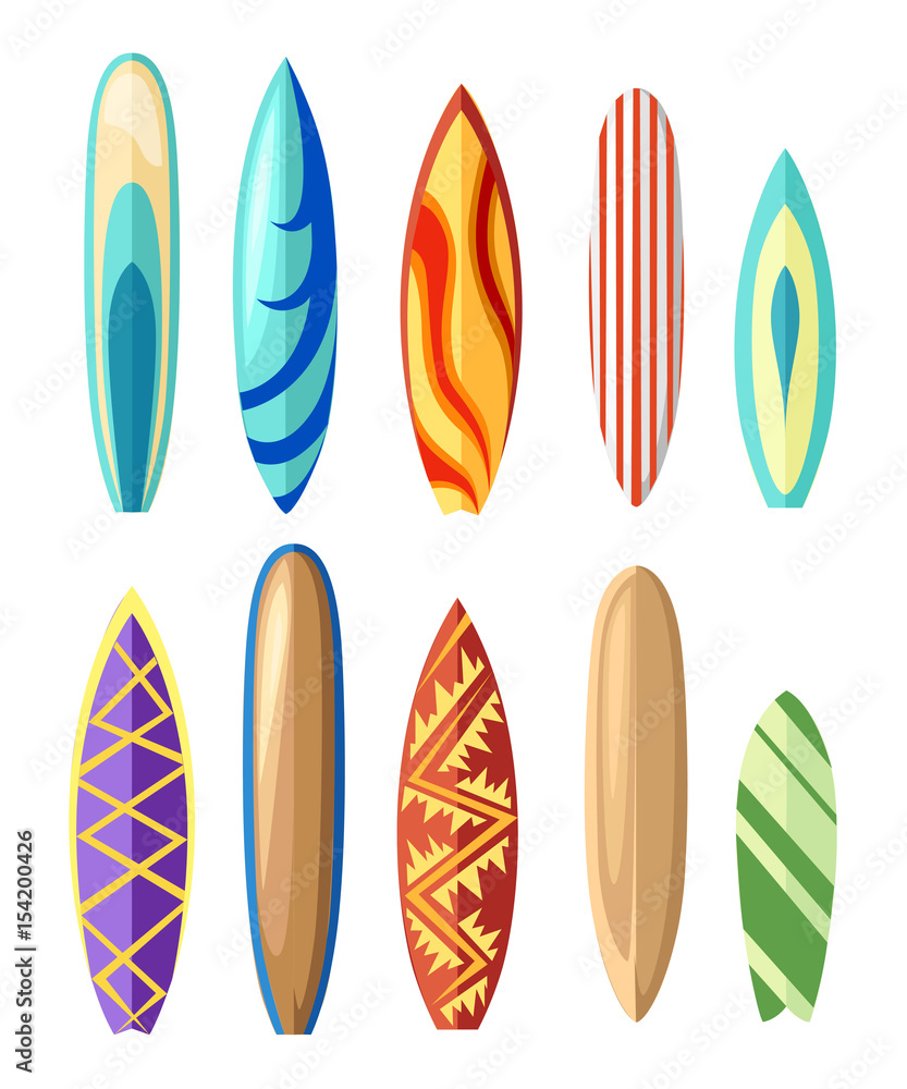 Vector surfboard illustration in flat style design Isolated on white background Color surfboard set. Sea extreme sport pattern. Vector illustration Vector surfboard illustration in flat style design Isolated on white background Color surfboard set. Sea extreme sport pattern. Vector illustration