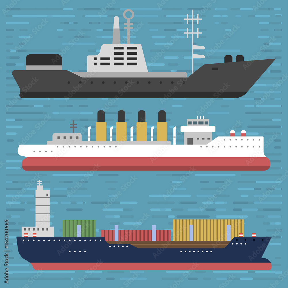 Obraz premium Ship cruiser boat sea symbol vessel travel industry vector sailboats cruise set of marine icon