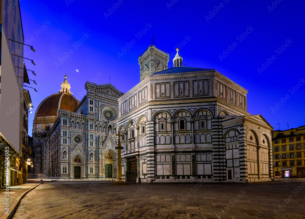 Florence Cathedral of Saint Mary of the Flower (Florence Duomo), Florence Giotto's Campanile and Florence Baptistery at night in Florence, Italy