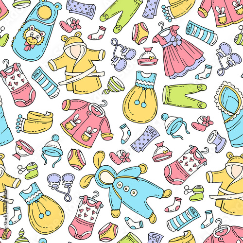 Vector seamless pattern with hand drawn colored clothes for newborn baby. Pattern on the theme of fashion