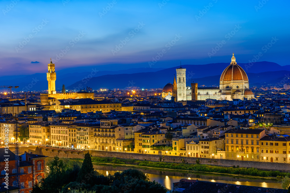 Night view of Florence, Ponte Vecchio, Palazzo Vecchio and Florence Duomo, Italy