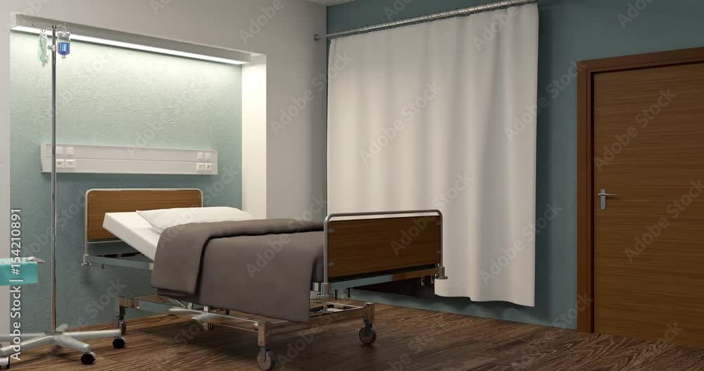 Hospital bed in ward with closed door Hospital bed in ward with closed door