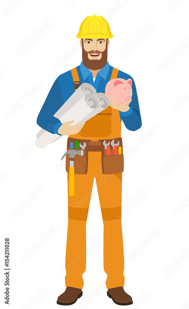 Worker holding the project plans and piggy bank Worker holding the project plans and piggy bank
