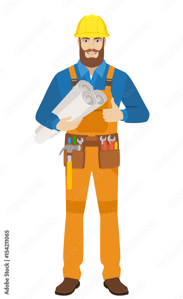 Worker holding the project plans and showing thumb up Worker holding the project plans and showing thumb up