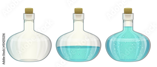 Glass bottles filled and empty on a white background