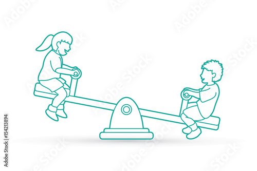 Happy Children, Little boy and girl are playing seesaw together outline stroke graphic vector