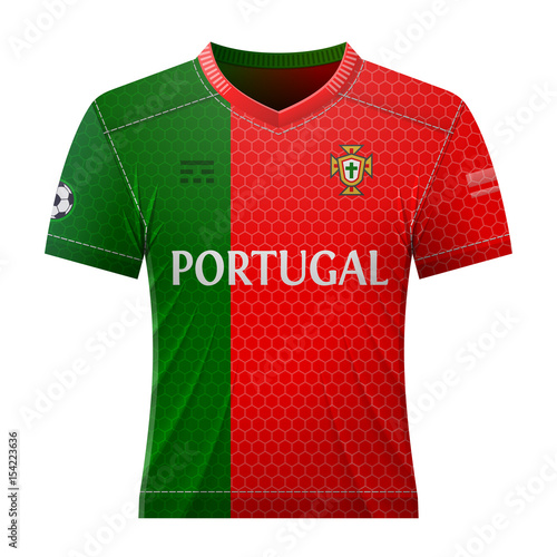Soccer shirt in colors of portuguese flag. National jersey for football team of Portugal. Best vector illustration for soccer, sport game, football, championship, national team, gameplay, etc