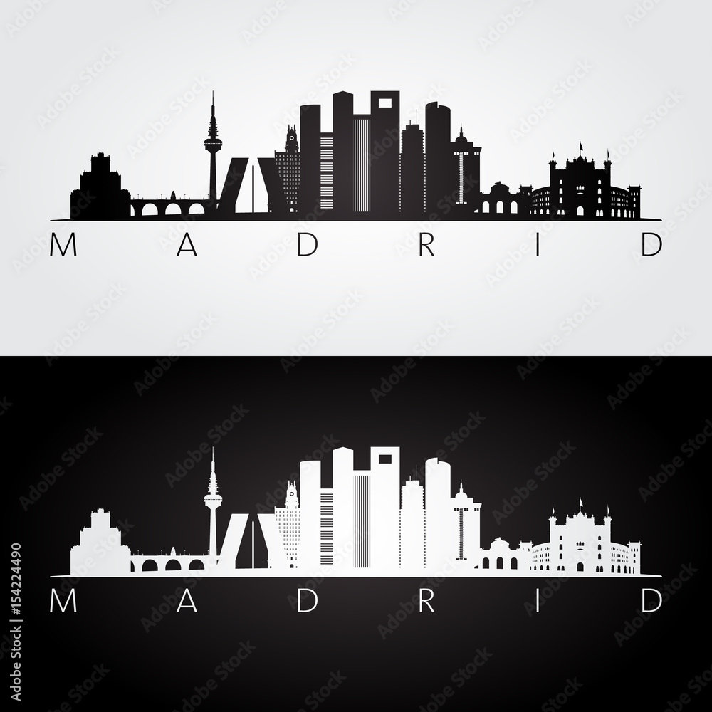 Madrid skyline and landmarks silhouette, black and white design.