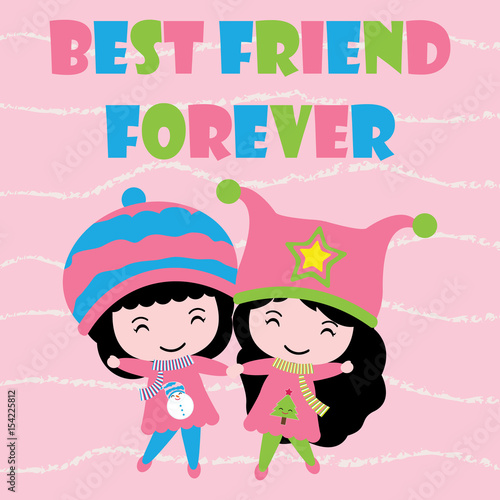 Two Cute girls on pink striped background vector cartoon, Kid postcard, wallpaper, and greeting card, T-shirt design for kids