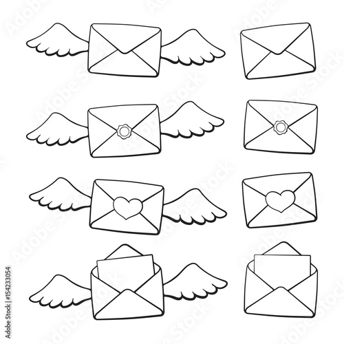 Set of doodles of open and closed envelopes, with wings, heart and wax seal