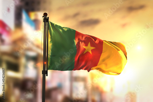 Cameroon Flag Against City Blurred Background At Sunrise Backlight