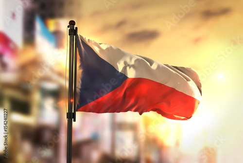 Photography Czech Republic Flag Against City Blurred Background At Sunrise Backlight