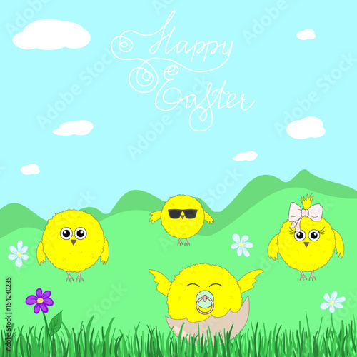 Cute chickens on the meadow. Happy Easter card.