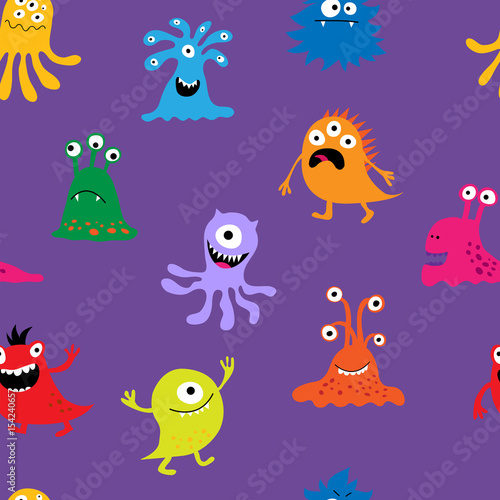 Seamless texture with cute cheerful colorful monsters © bulycheva_art